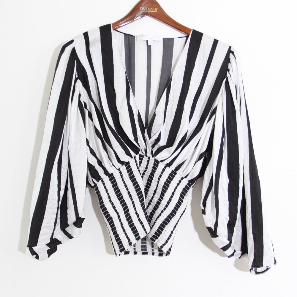 Caroline Constas 100% Silk Blouse Top Stripe Black White V-Neck Smocked Medium